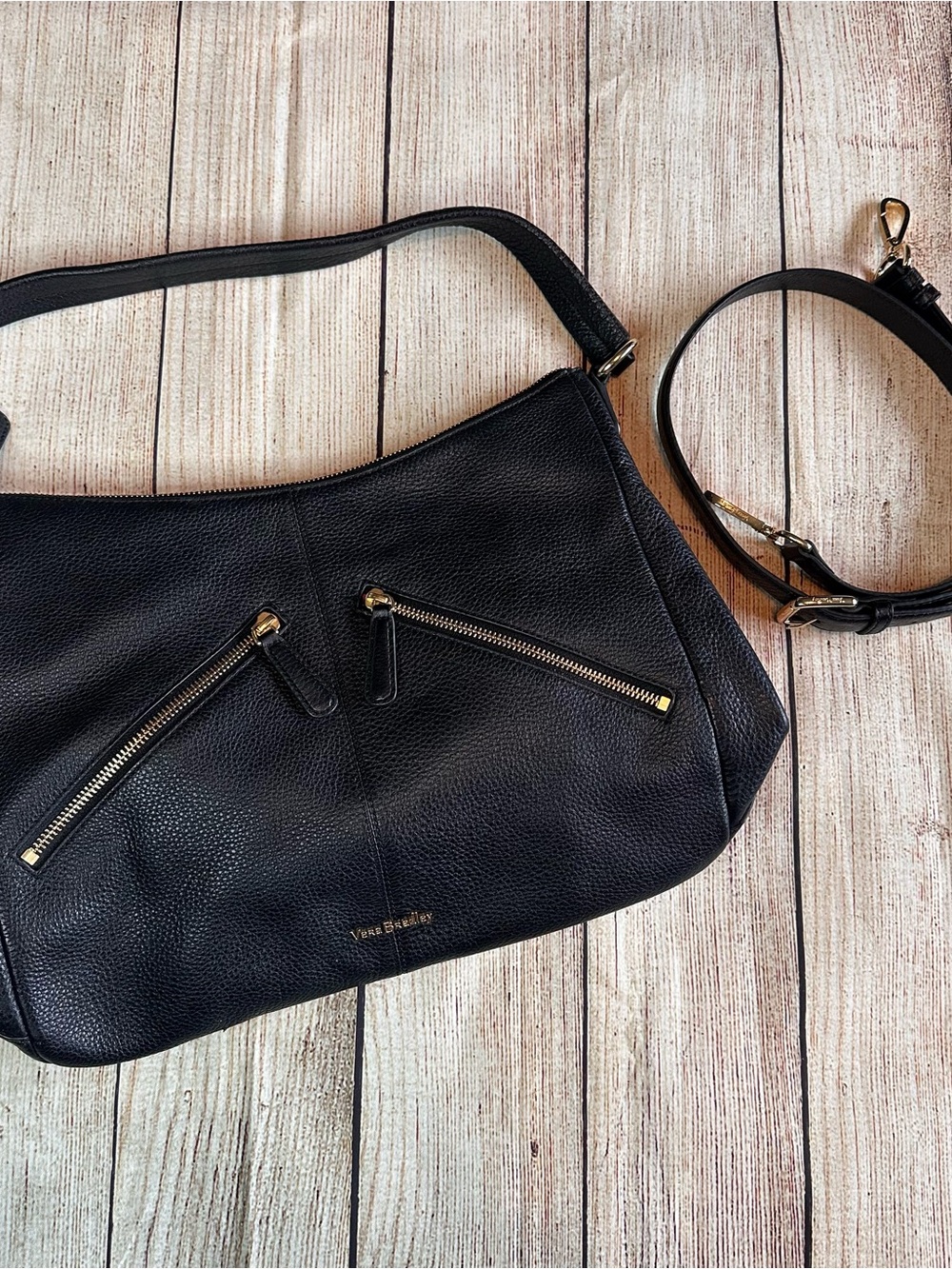 Vera Bradley Black Soft Pebbled Leather Shoulder Crossbody Bag Gold Hardware